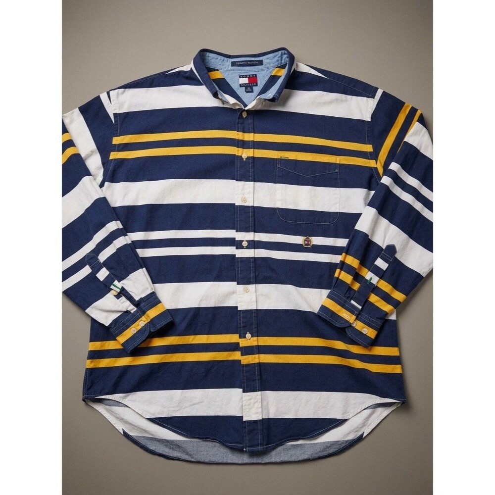 Vintage 90s Tommy Hilfiger Mens XL Heavyweight Cotton Stripe Crest Button Up